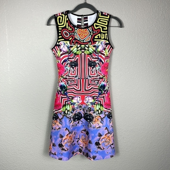 Clover Canyon Floral Maze Dress Scuba Fit and Flare Geo Multi Color Sz XS - Picture 4 of 14